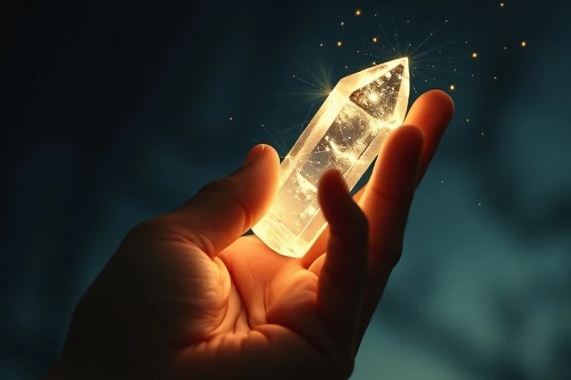 Mano sujetando un cristal pulido, con patrones de luz intrincados fluyendo desde los dedos hacia el cristal