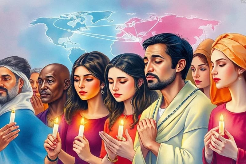 Pintura acuarela de personas de diversas culturas orando con rosarios, con un mapa mundial estilizado de fondo mostrando conexiones de luz.