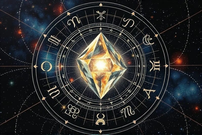 Abstract 3D render of planetary orbits connected to glowing crystals