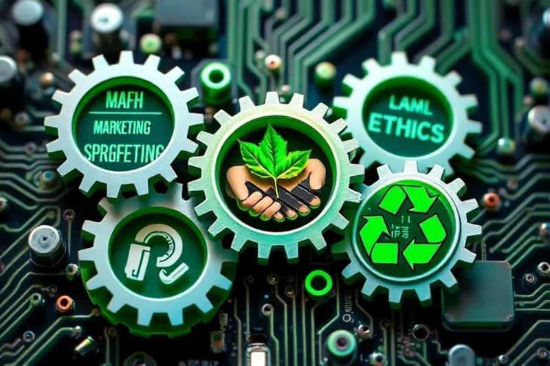 Vector art of interconnected gears with ethical and sustainable symbols like a green leaf, handshake, and recycling icon.