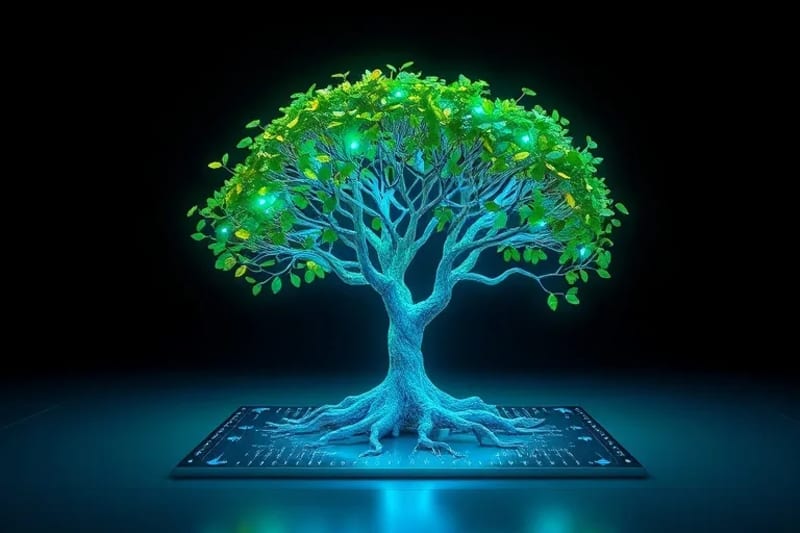 3D render of a vibrant tree with glowing leaves and roots growing from a sleek circuit board, symbolizing tech-driven sustainable growth.