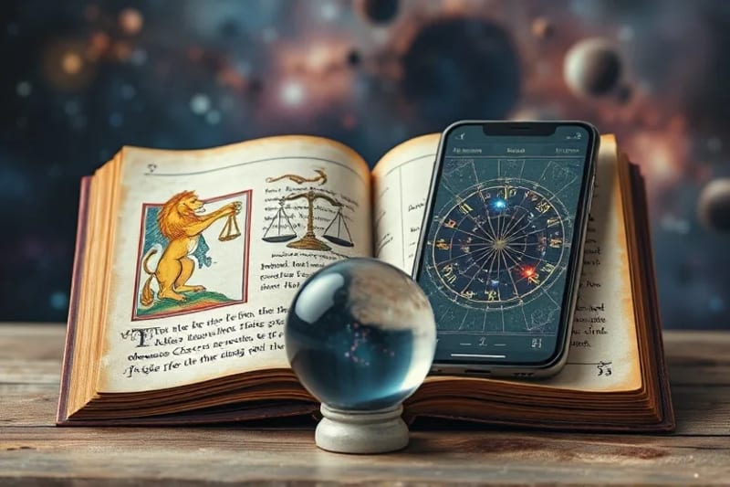 Ancient book with illuminated zodiac illustrations alongside a modern smartphone displaying constellations, symbolizing the fusion of old and new wisdom for self-exploration.