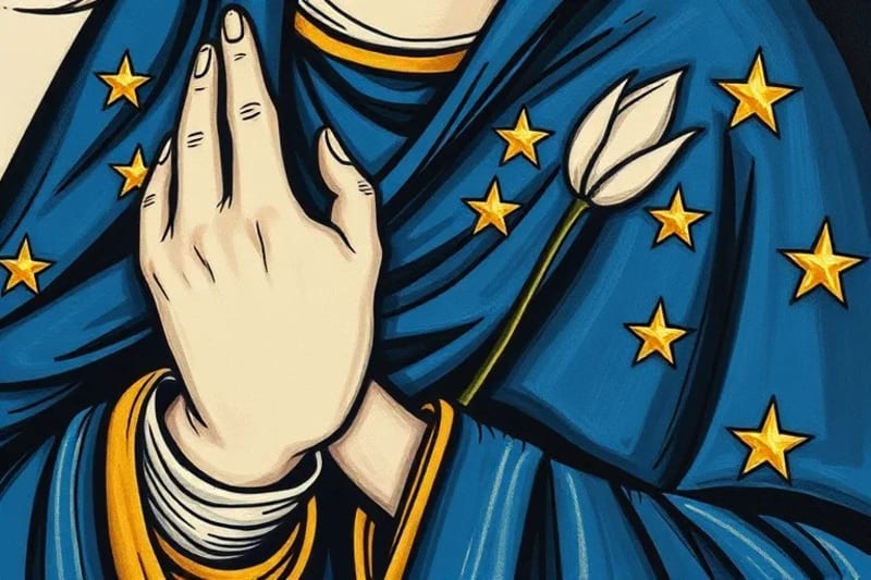Detalle de manos y lirios en iconografía mariana
