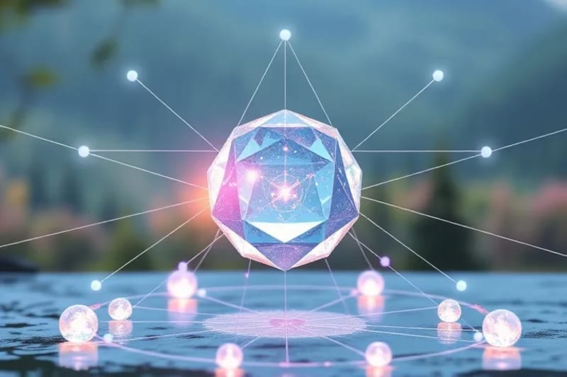 Octaedro transparente y cristalino en el centro, irradiando una luz suave y pulsante, rodeado de líneas de energía abstractas que forman una red compleja.