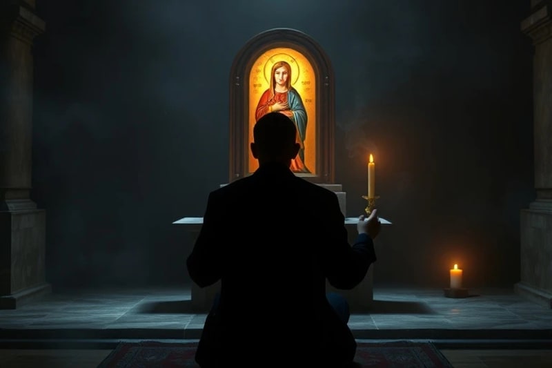 Persona en oración ante un icono mariano sagrado