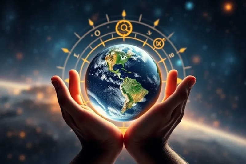 Conceptual still life of Earth sphere with scientific instruments and astrological symbols, representing celestial influences on environment.