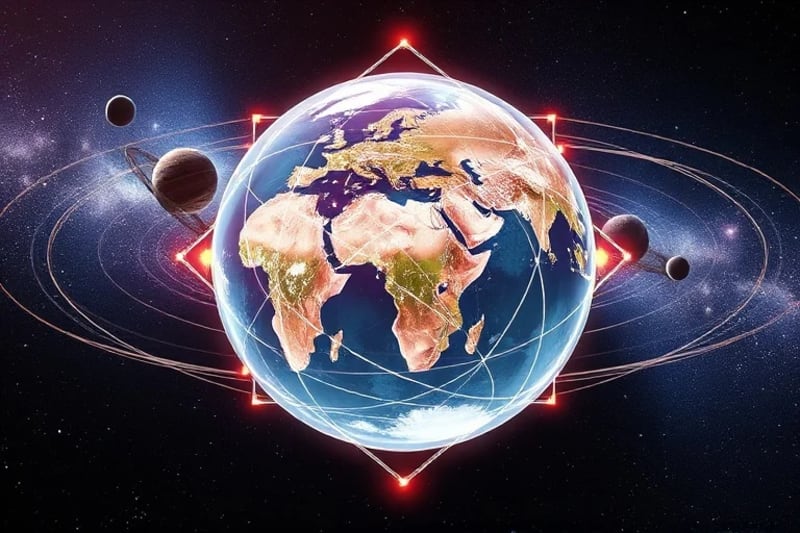 Abstract 3D render showing energy lines connecting stylized planets to a translucent Earth globe, symbolizing cosmic influences on environmental phenomena.