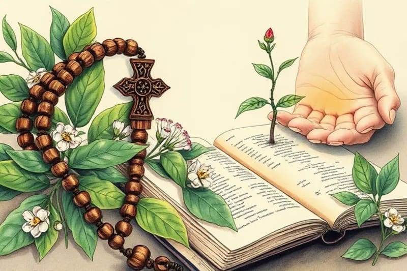 Rosario entrelazado con hojas verdes y flores, junto a un libro antiguo, simbolizando la espiritualidad y el cuidado de la naturaleza.