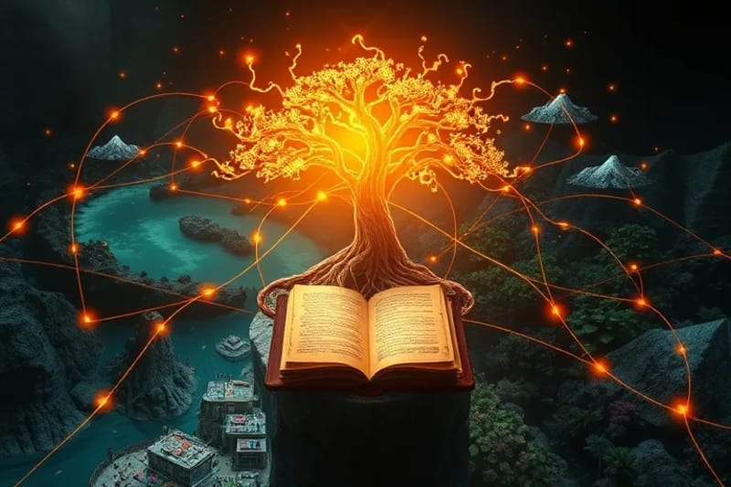 Red de raíces y ramas luminosas conectando diversos ecosistemas como ríos, montañas y jardines urbanos, simbolizando la interconexión global.