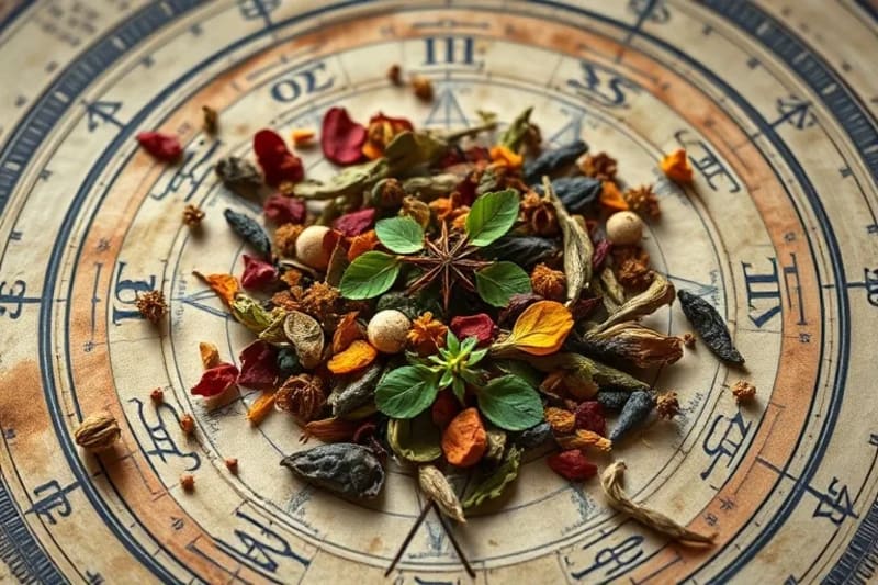 Dried medicinal herbs on astrological chart