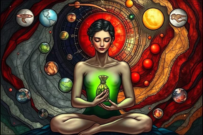 Figure meditating with herbal sachet during cosmic transit