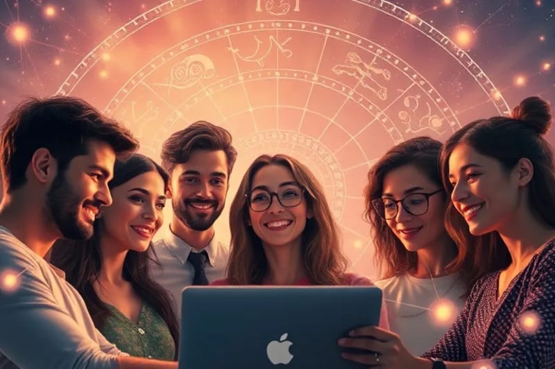 Pintura digital de un grupo diverso de personas colaborando en un espacio de realidad virtual, con líneas brillantes que simbolizan la conciencia colectiva y constelaciones zodiacales de fondo.