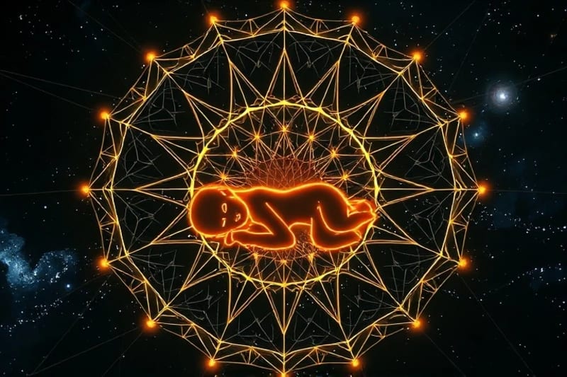 Intricate neural network connecting sleeping figure to cosmos