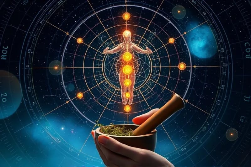 Representación estilizada del cuerpo energético humano y chakras interactuando con un mecanismo cósmico de planetas.