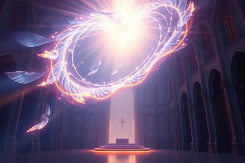 Representación abstracta de un vórtice de luz y energía iridiscente que desciende, con sutiles formas angelicales apenas visibles, entrelazándose con líneas luminosas que simbolizan el espacio litúrgico terrenal, en tonos azules, púrpuras y dorados.