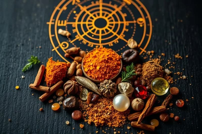 Primer plano macro de hierbas ayurvédicas y especias como cúrcuma y ashwagandha, con gemas astrológicas.