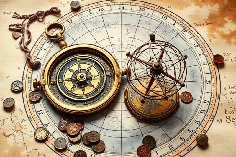Watercolor painting of a celestial compass and Chinese coins