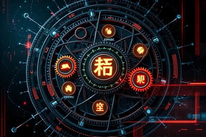 3D render of abstract celestial gears and glowing bodies
