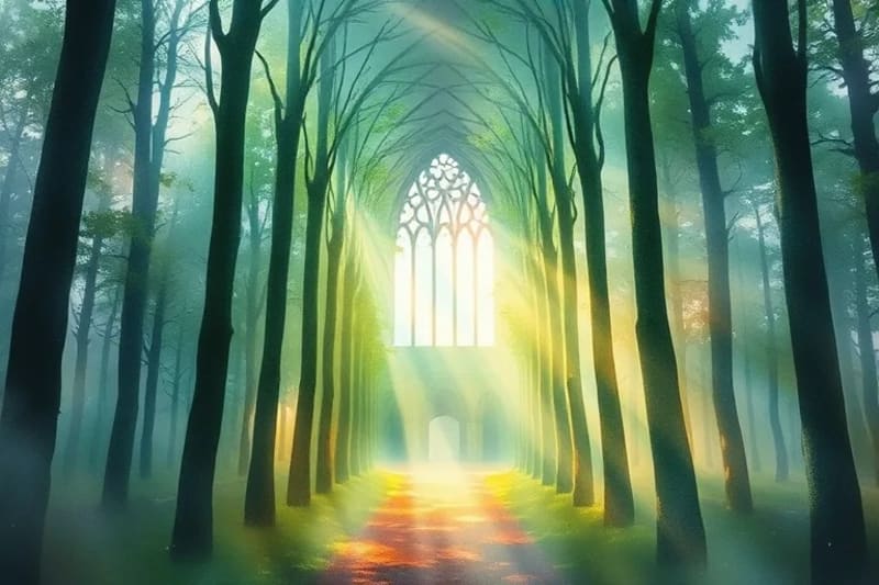 Camino iluminado en bosque místico