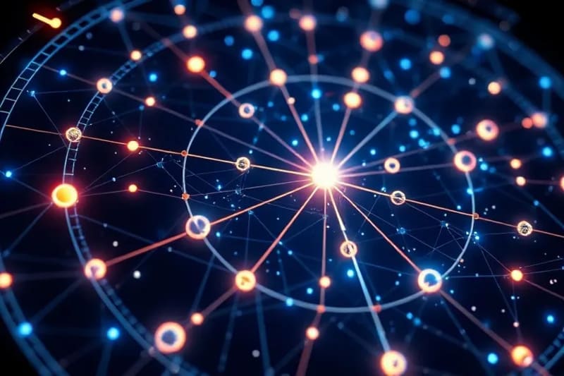 Red de energía brillante, nodos, esferas de luz, interconexión de conciencia