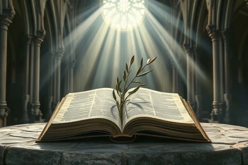 Una antigua Biblia abierta sobre un altar de piedra, con una rama de olivo brotando de sus páginas, simbolizando la vida y el cumplimiento de las escrituras. Siluetas históricas difuminadas en el fondo.