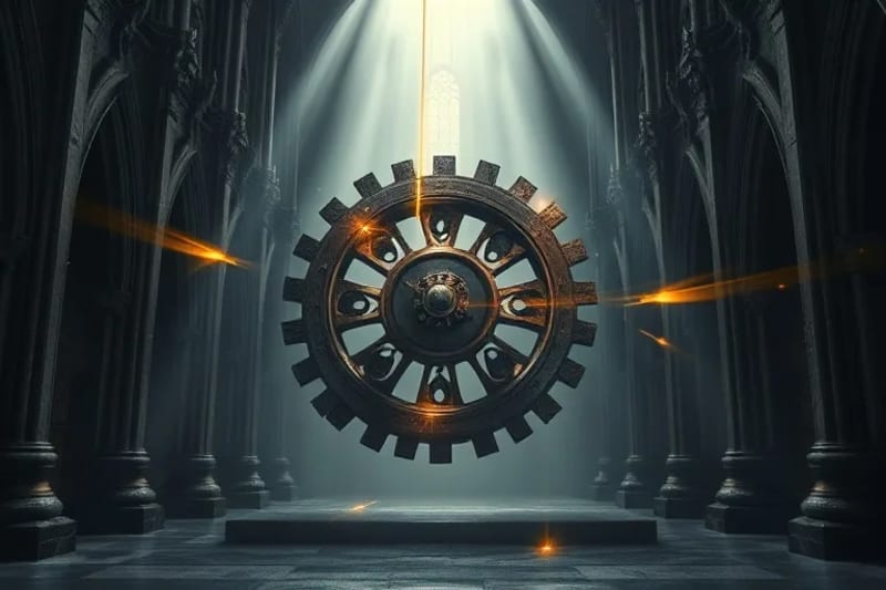 Engranajes antiguos y modernos interconectados en un espacio cósmico, con hilos dorados de luz uniéndolos, simbolizando la precisión del destino y el cumplimiento de las profecías divinas.