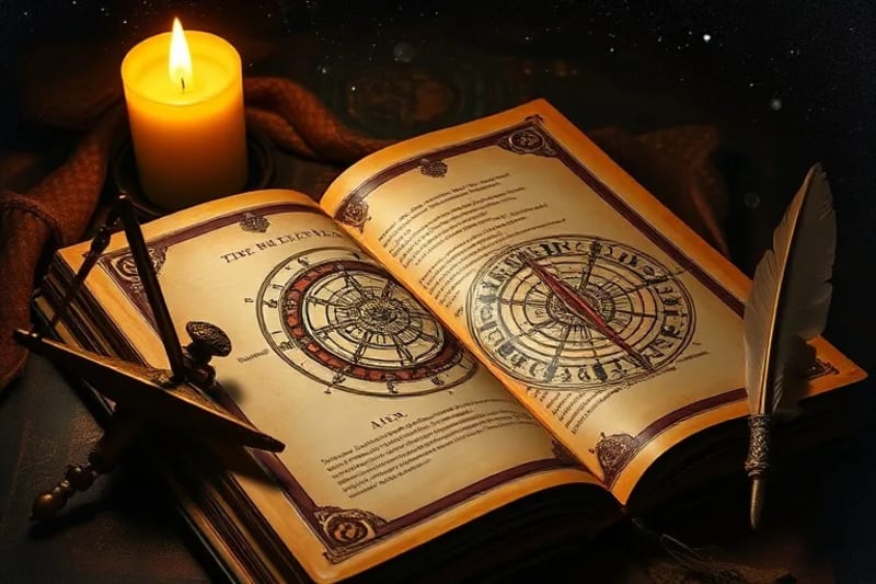Antique astrological text with intricate charts and an astrolabe.