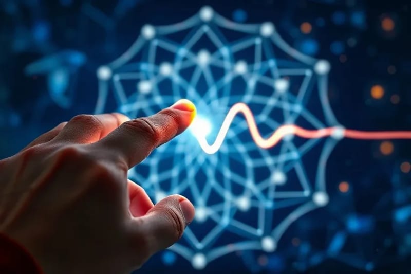 Mano humana tocando pantalla digital con onda de ritmo biológico