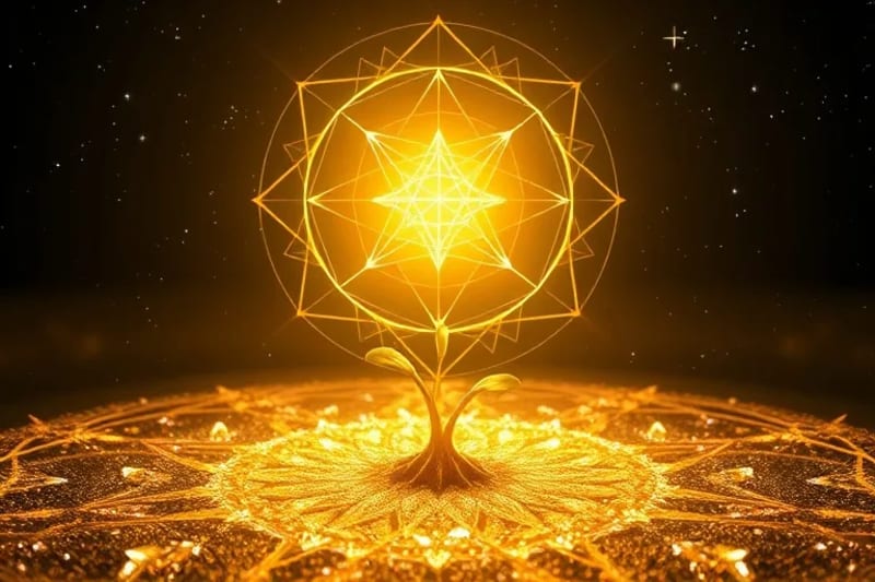 Abstract golden seed sprouting towards a constellation, symbolizing growth and auspicious beginnings.