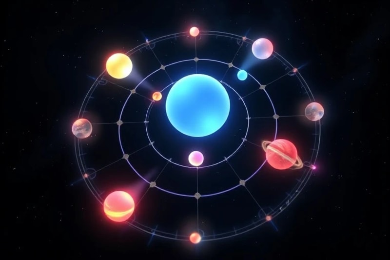Esferas translúcidas y brillantes de planetas con auras de energía