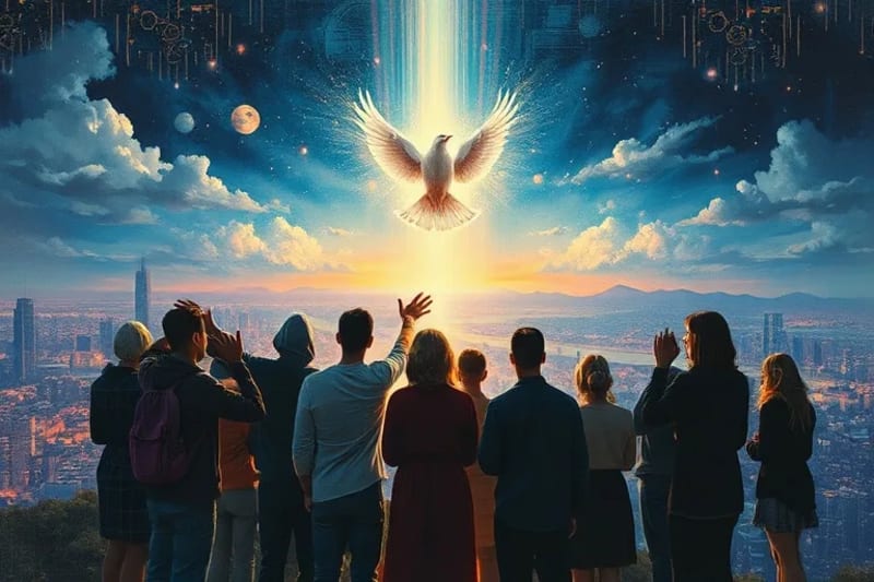 Un grupo de personas diversas, en silueta, orando juntas bajo una luz celestial, representando el discernimiento comunitario y la búsqueda de guía divina en tiempos modernos.