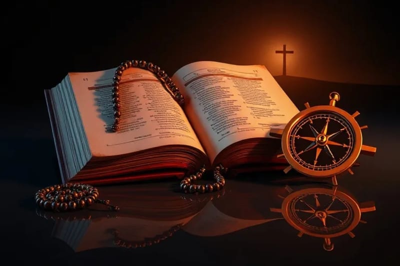 Un libro antiguo abierto con un rosario brillante, un compás y una cruz en el horizonte, simbolizando la guía divina y la tradición en la búsqueda de la verdad.