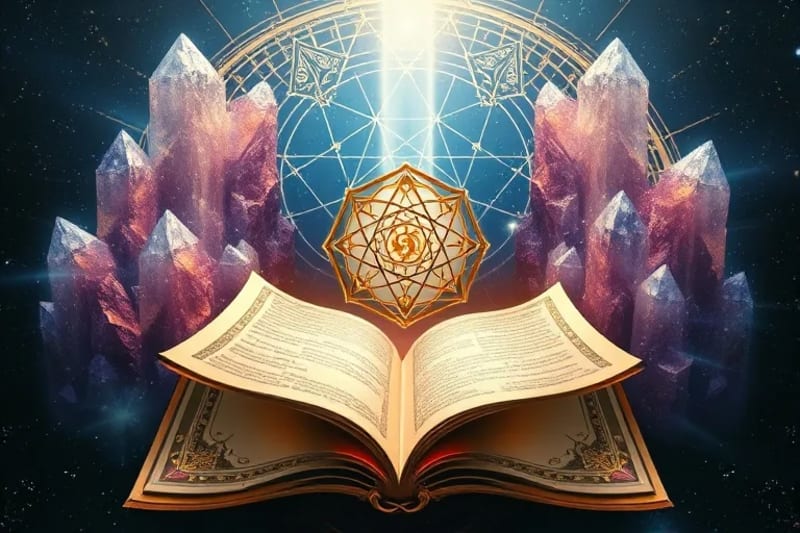 Conceptual still-life of ancient scrolls and illuminated manuscripts intertwined with glowing crystals, symbolizing karmic rectification and spiritual transformation.