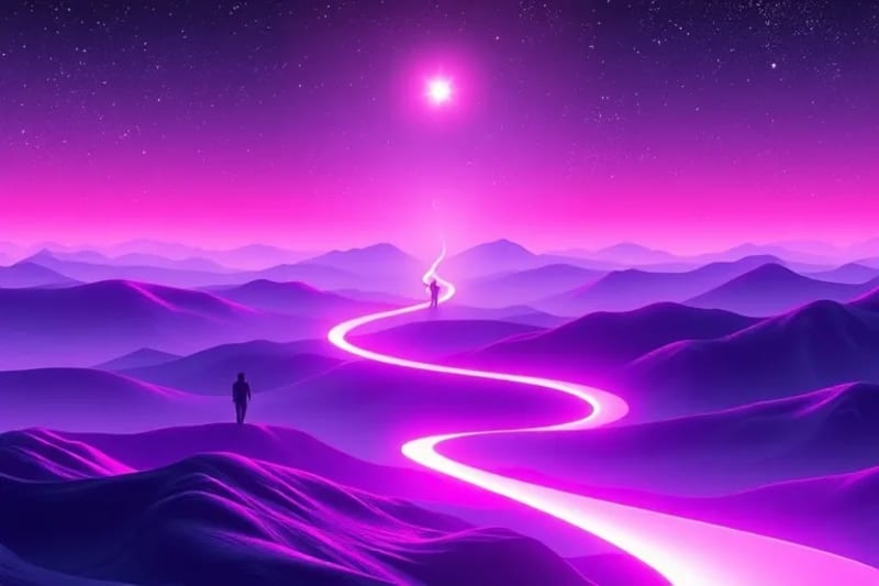 Abstract vector art of a winding luminous path through a cosmic landscape, guided by a brilliant fixed star, symbolizing soul alignment and purpose.