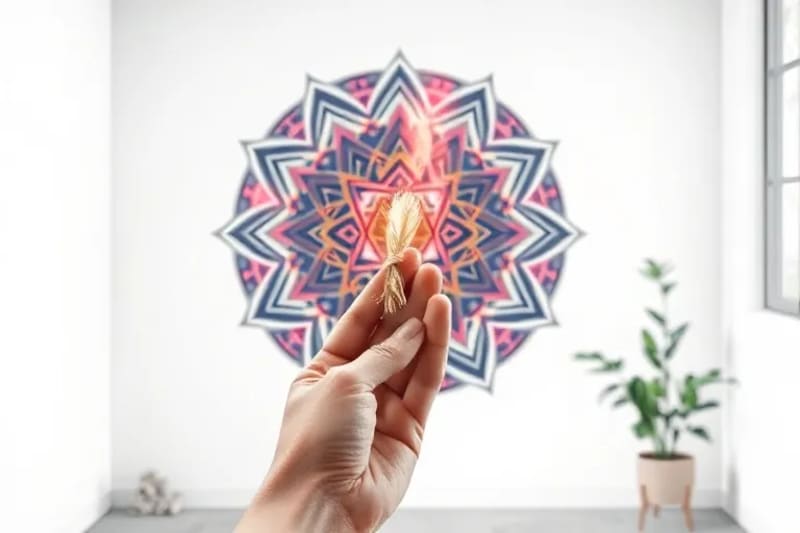 Mano sosteniendo una esfera de cristal brillante sobre un escritorio de oficina minimalista, con símbolos de Feng Shui y gráficos financieros sutiles en el fondo, representando la purificación energética y la intención consciente en el ámbito empresarial.