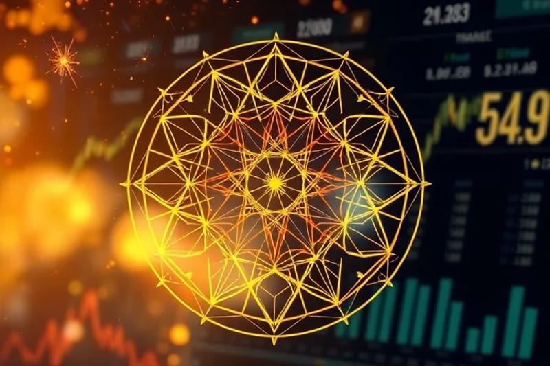 Intricado mandala dorado con símbolos de prosperidad y equilibrio, flotando sobre un fondo difuminado de un moderno espacio de oficina con elementos naturales, representando la armonía kármica y el flujo financiero.