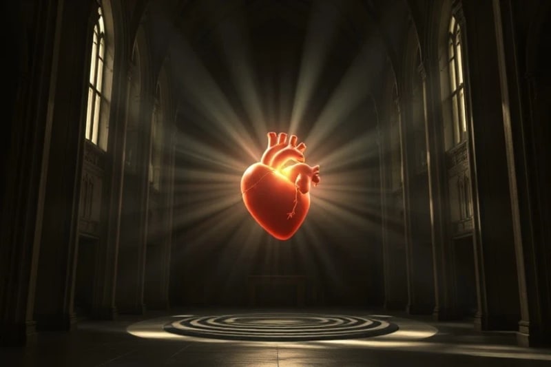 Representación abstracta del corazón humano como fuente de luz espiritual
