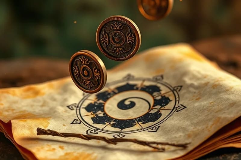Ancient coins and yarrow stalks used for I Ching divination on an aged scroll