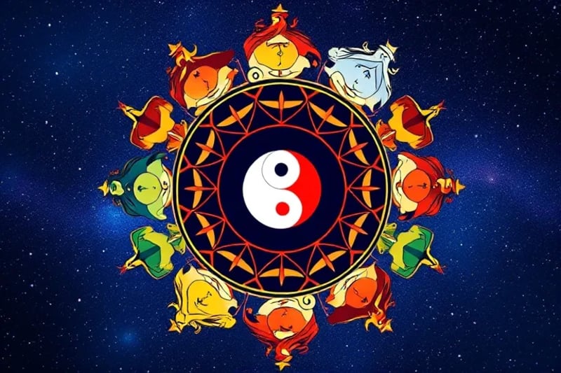 Stylized circular arrangement of Chinese Zodiac animals with a central Yin-Yang symbol