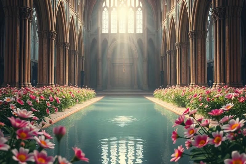 Escena serena con un rosario flotando sobre agua tranquila