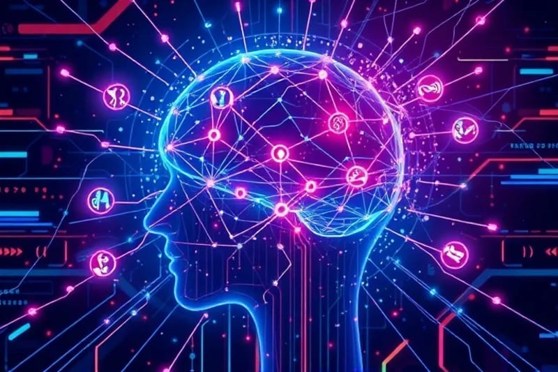 Abstract vector art of a mind network integrating with an ethical AI interface