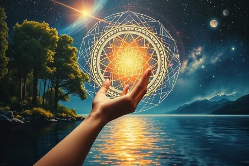 Oil painting of nature merging with geometric code, hand touching holographic dream