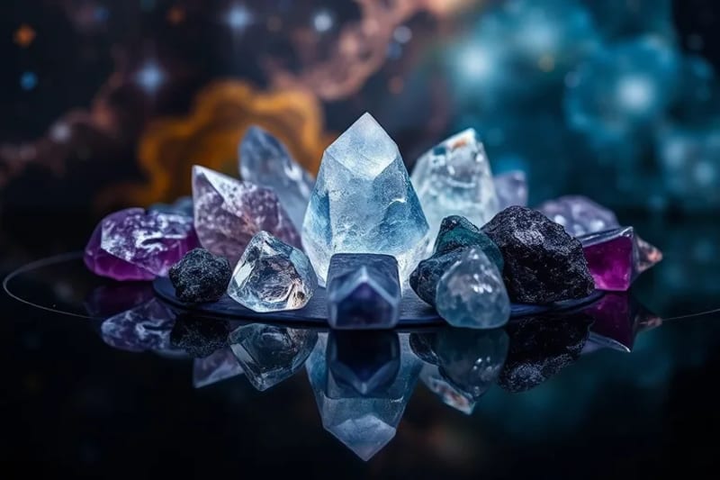 Colección de cristales y gemas que emiten sutiles patrones de luz y sonido
