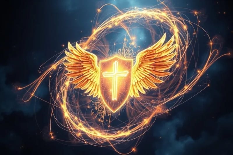 Representación abstracta de un escudo de luz y energía protectora, con elementos sutiles de alas angélicas y una cruz. Simboliza la defensa espiritual y la intercesión celestial.
