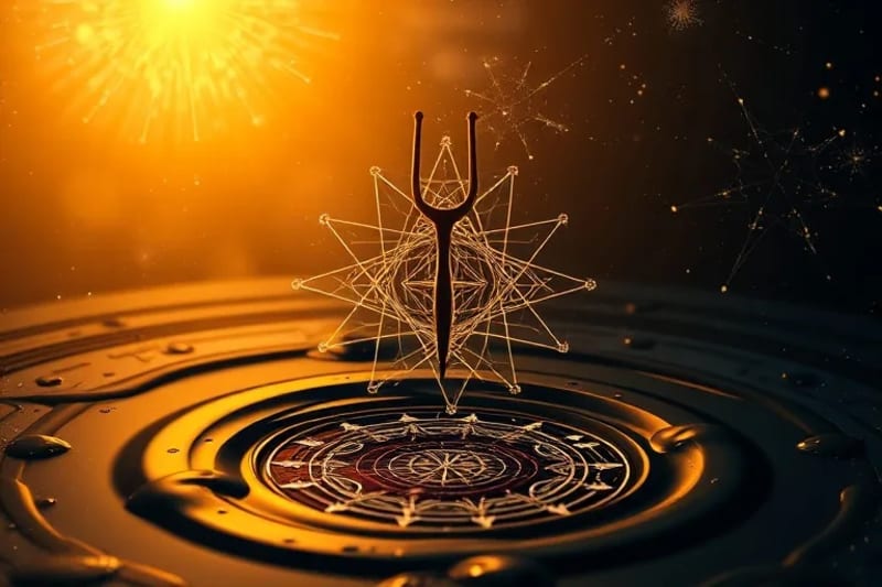 Stylized tuning fork vibrating intensely, surrounded by geometric cymatic patterns.