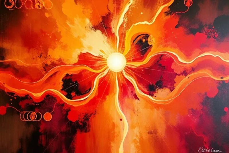 Abstract oil painting of sound frequencies as flowing, interconnected lines.
