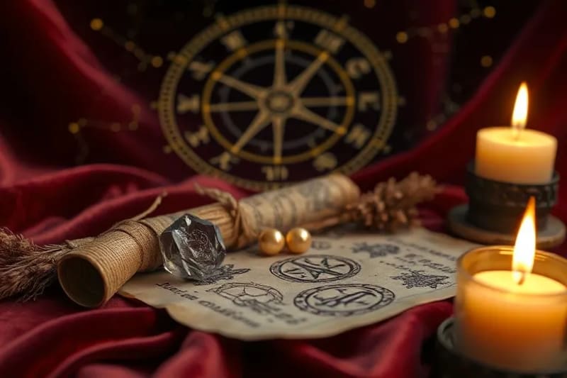 Colección de objetos simbólicos como un cristal, hierbas secas, un pergamino con escritura antigua y una vela encendida, sobre una tela de terciopelo.