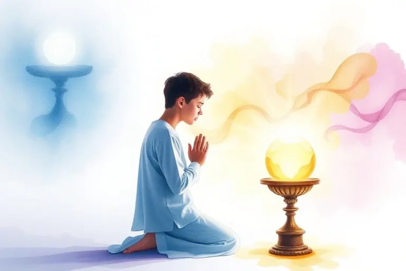 Ilustración de una persona en profunda contemplación espiritual ante una hostia luminosa