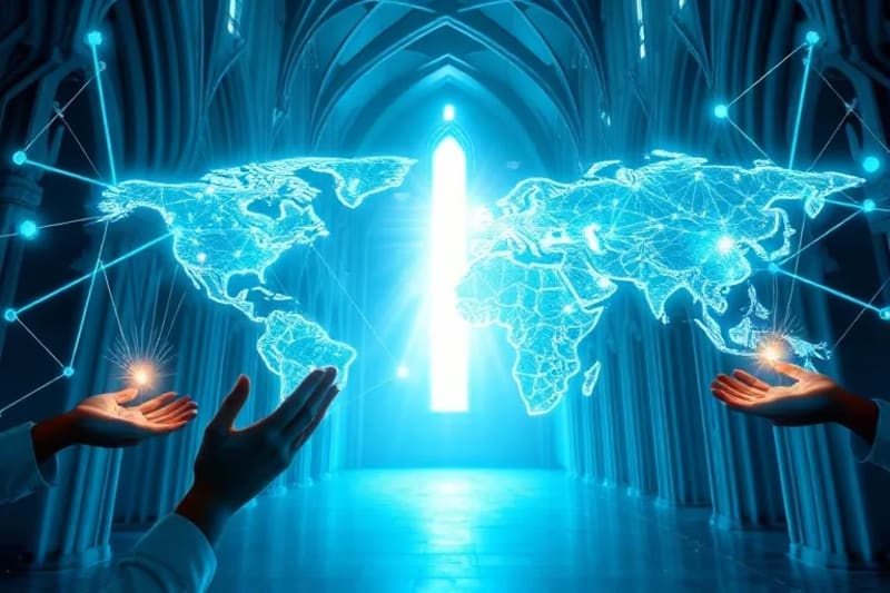 Ilustración de una red global interconectada con símbolos eucarísticos y manos que se extienden