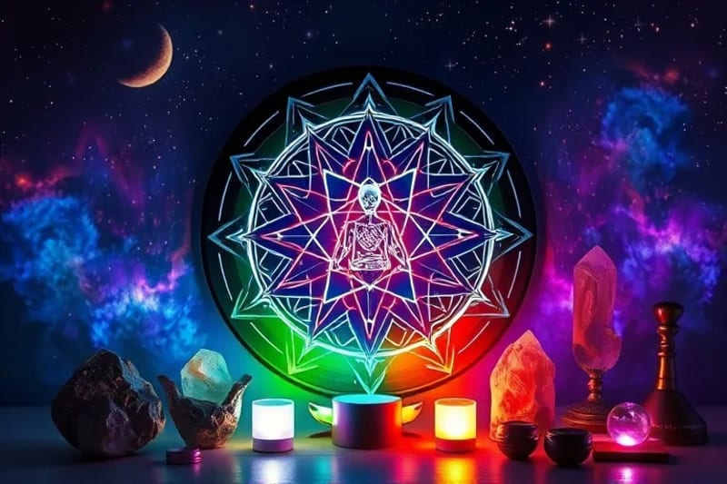 Lámparas de colores y cristales alrededor de un diagrama de chakras